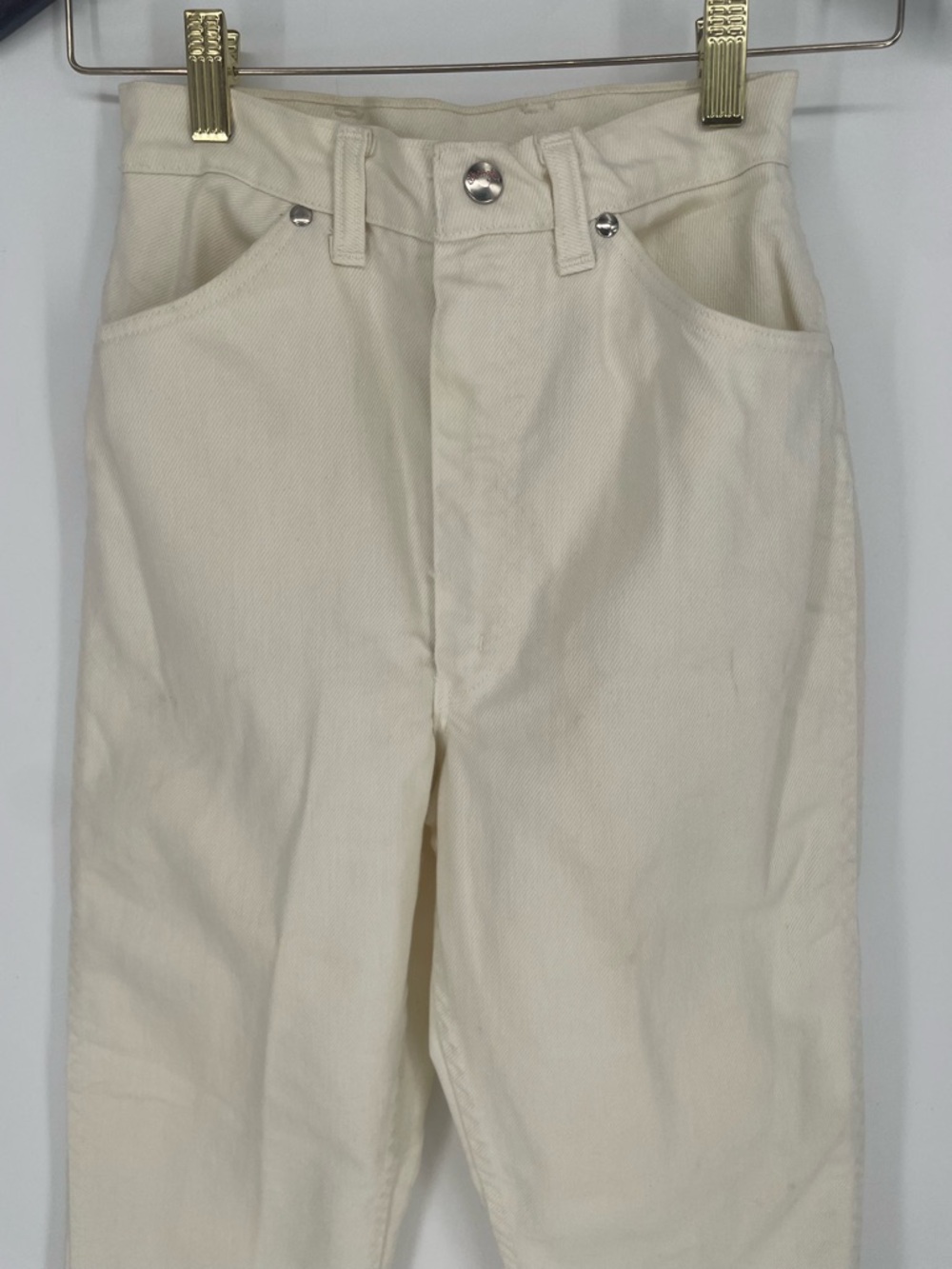 Vintage Wrangler Jeans Sanforized White Denim High Waisted Cut W Stitched Pocket - Picture 4 of 16